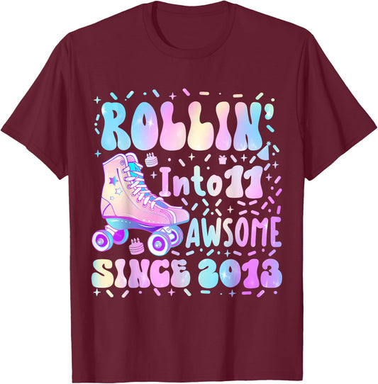 Roller Skate 11th Birthday Rolling Into 11 Since 2013 Girls T-Shirt - T-Shirt | Maroon