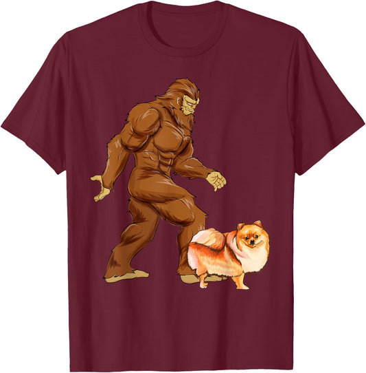 Funny Bigfoot Walking Pomeranian Sasquatch Dog Women Kids T-Shirt - T-Shirt | Maroon