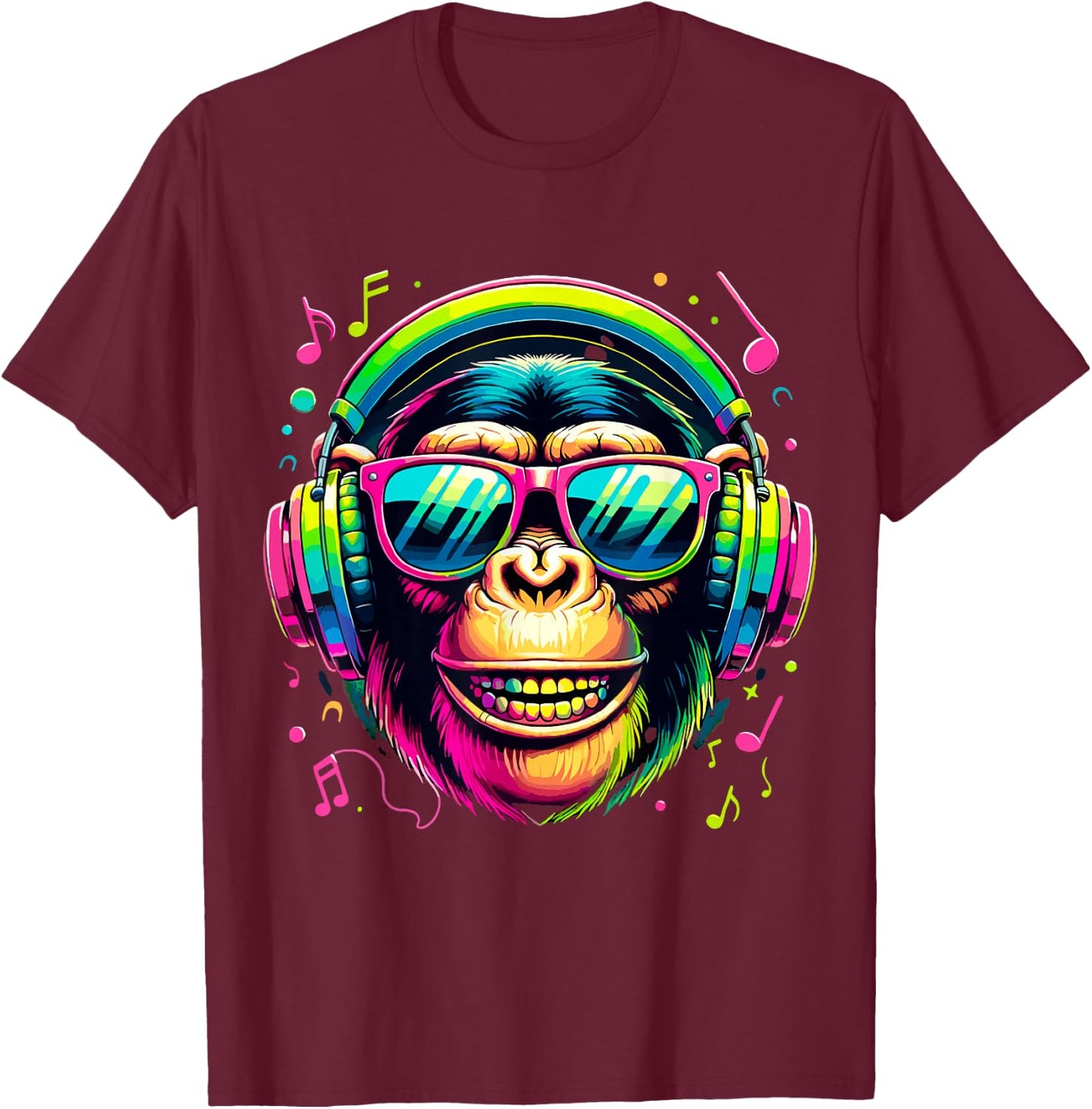 Monkey Chimp with Headphones Music Lover T-Shirt - T-Shirt | Maroon