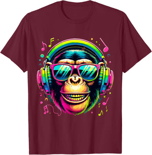 Monkey Chimp with Headphones Music Lover T-Shirt - T-Shirt | Maroon
