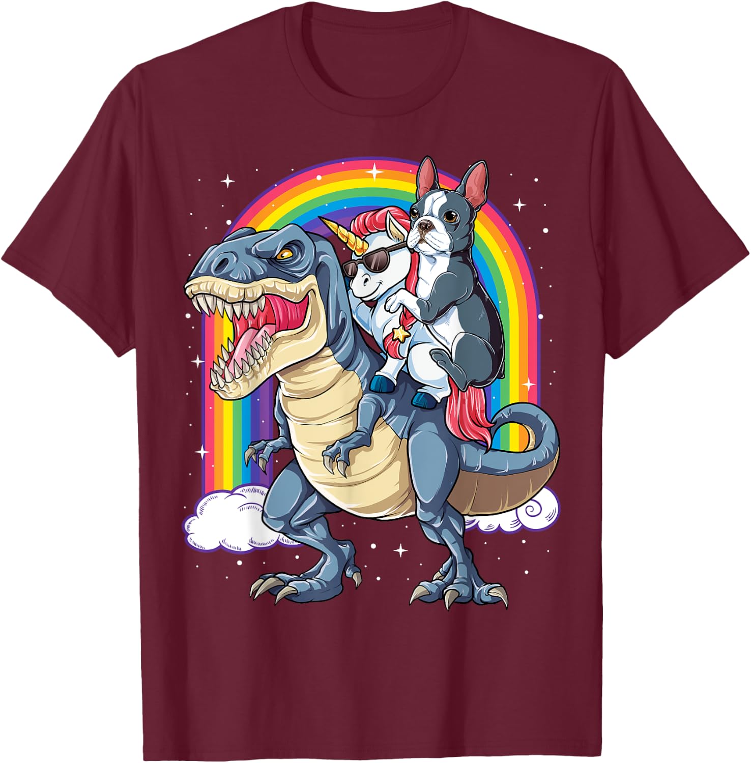 Boston Terrier Unicorn Riding Dinosaur T-rex Girls Rainbow T-Shirt - T-Shirt | Maroon
