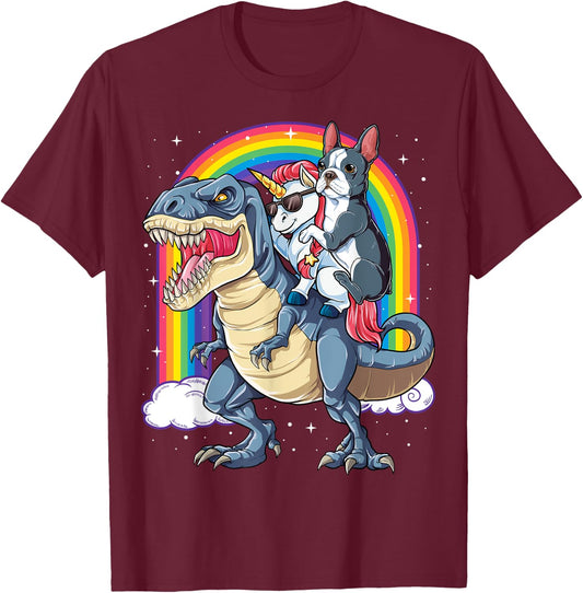 Boston Terrier Unicorn Riding Dinosaur T-rex Girls Rainbow T-Shirt - T-Shirt | Maroon