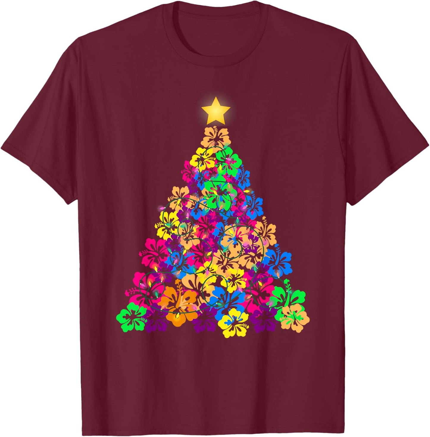 Hawaiian Christmas Hibiscus Flower Tree Hawaii Tropical xmas T-Shirt - T-Shirt | Maroon