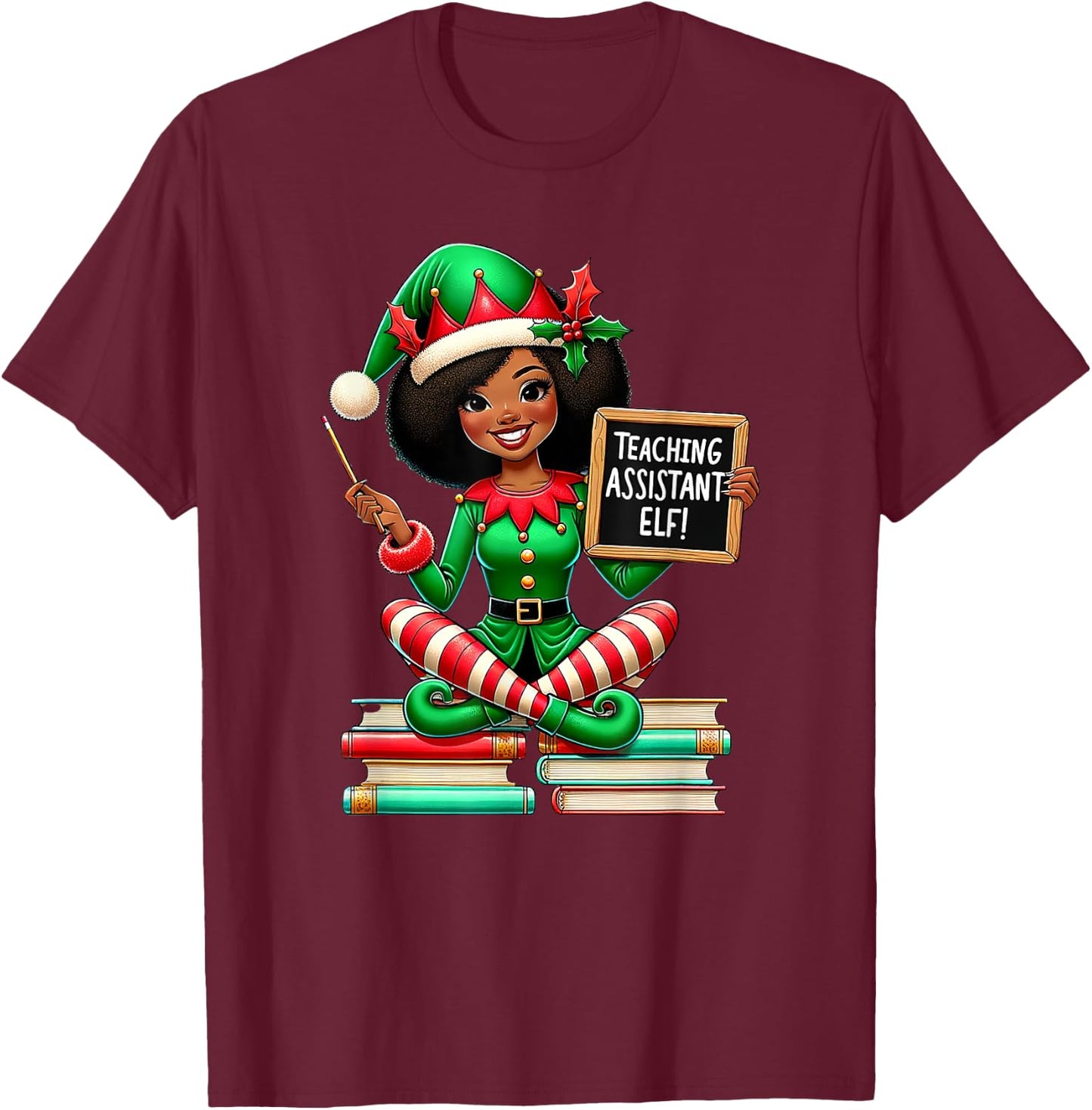 Teaching Assistant Elf African American Elf Educator Holiday T-Shirt - T-Shirt | Maroon