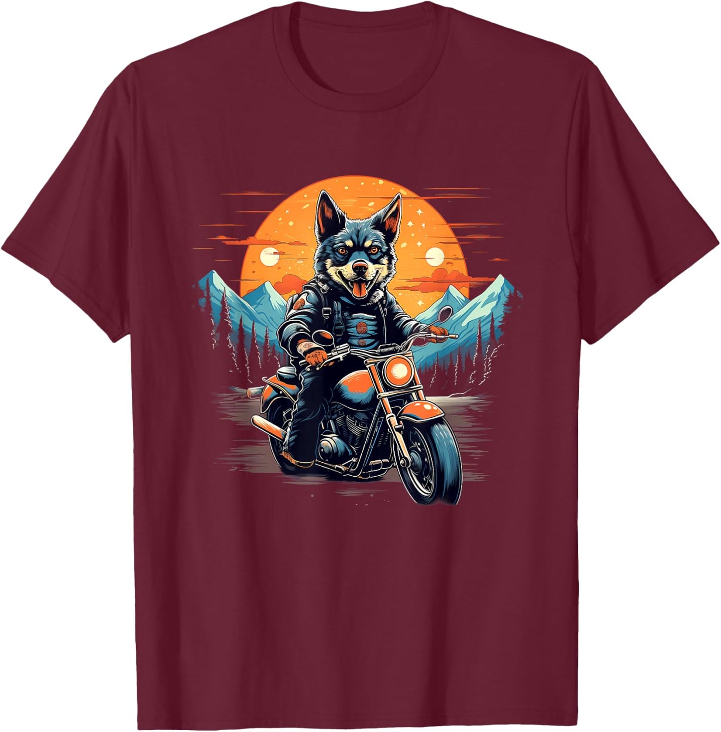 Biker Blue Heeler Dog Riding Motorcycle T-Shirt - T-Shirt | Maroon