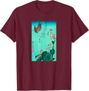 Japanese Bird and Flowers Ancient Japanese Art Design , Black, Small T-Shirt - T-Shirt | Maroon