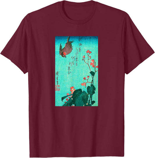Japanese Bird and Flowers Ancient Japanese Art Design , Black, Small T-Shirt - T-Shirt | Maroon