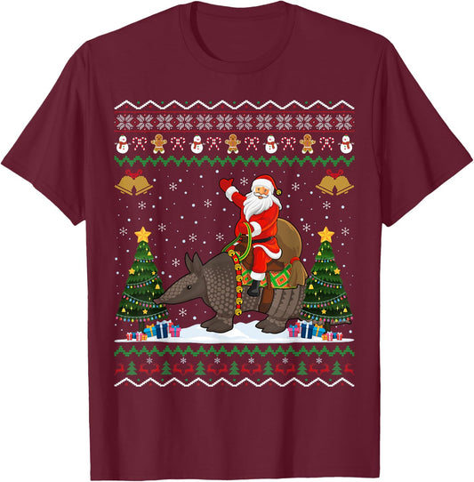 Armadillo Ugly Xmas Gift Santa Riding Armadillo Christmas T-Shirt - T-Shirt | Maroon
