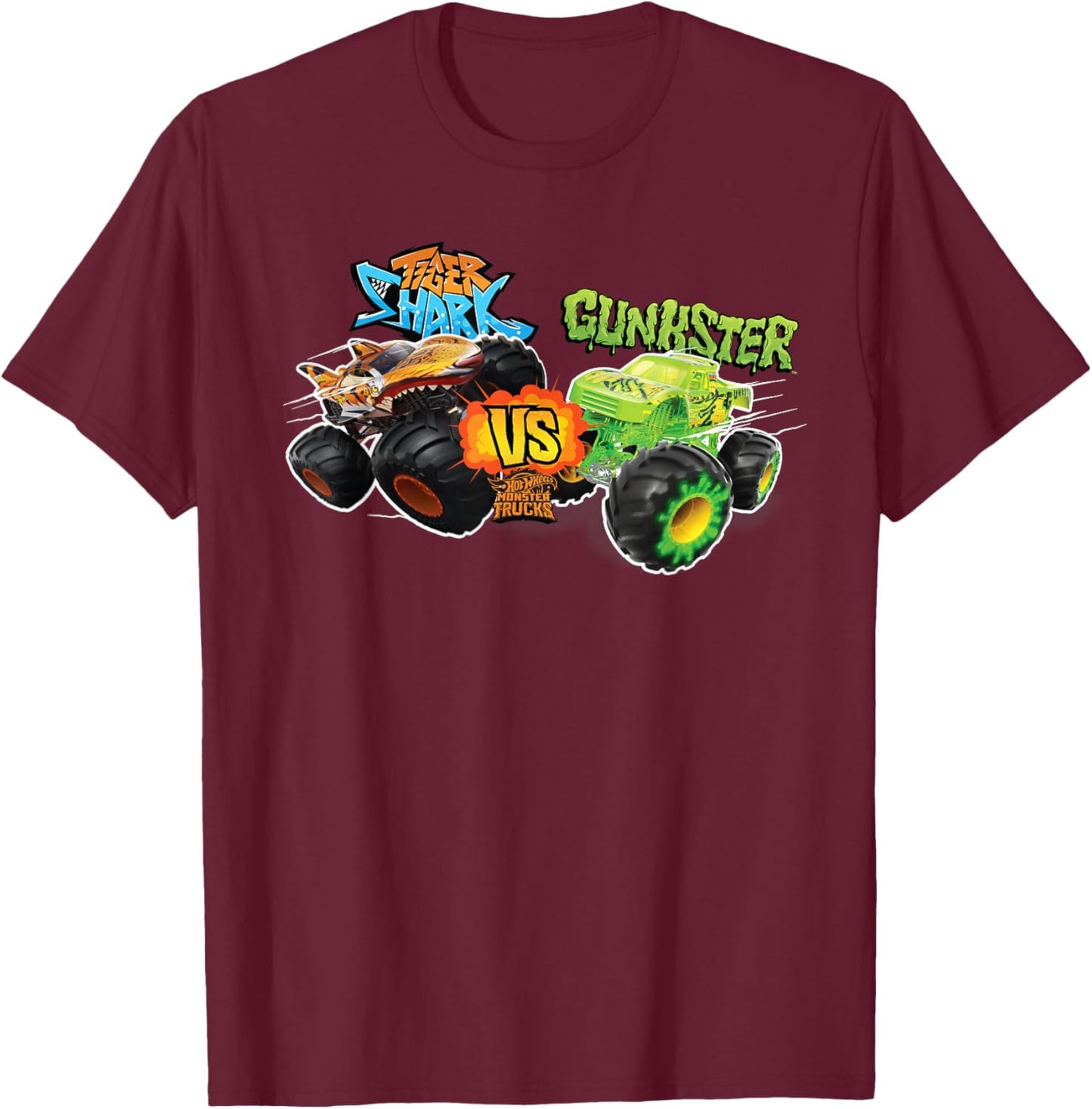 Hot Wheels Monster Trucks - Tiger Shark vs Gunkster T-Shirt - T-Shirt | Maroon