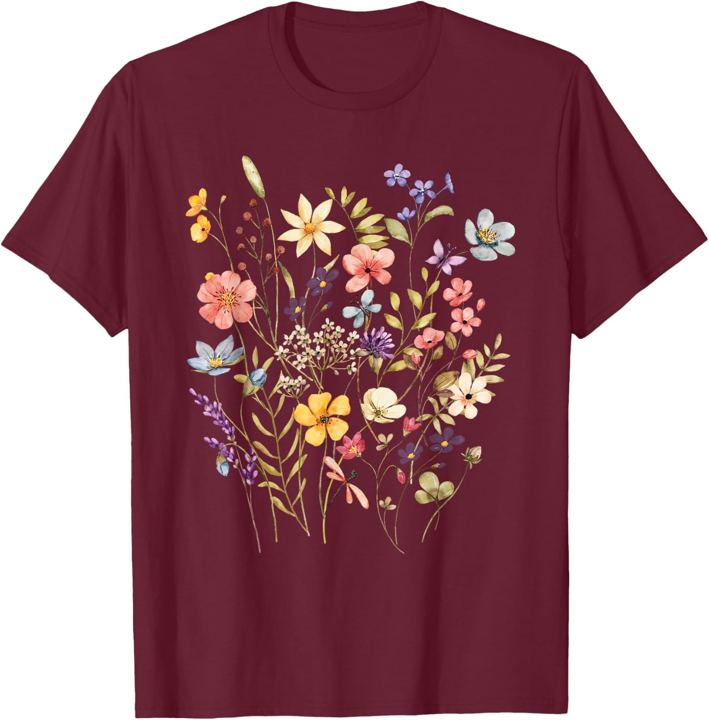 Vintage Flowers Women Wildflower Graphic Floral Gardening T-Shirt - T-Shirt | Maroon