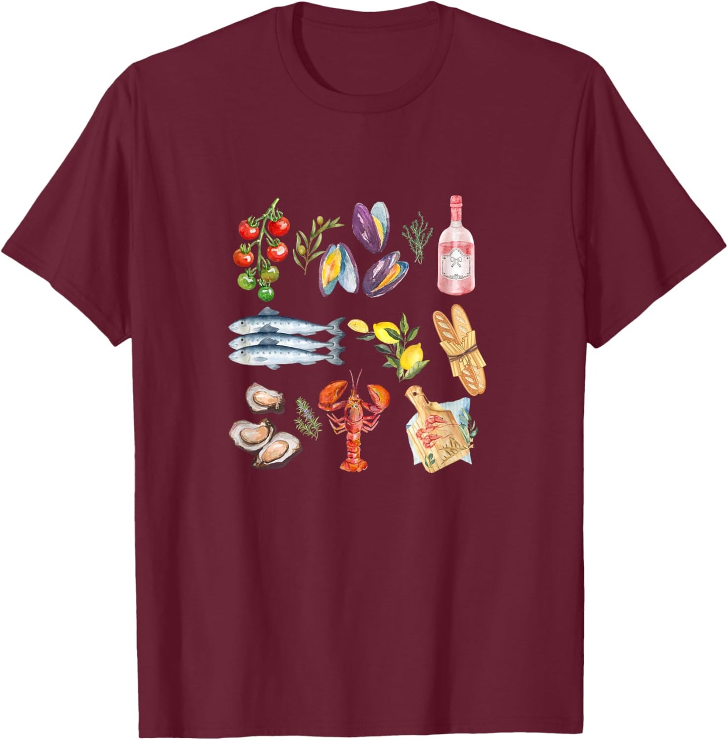 Italian Summer Scrapbook with seafood coastal Mediterranean Men Women Kids T-Shirt - T-Shirt | Maroon