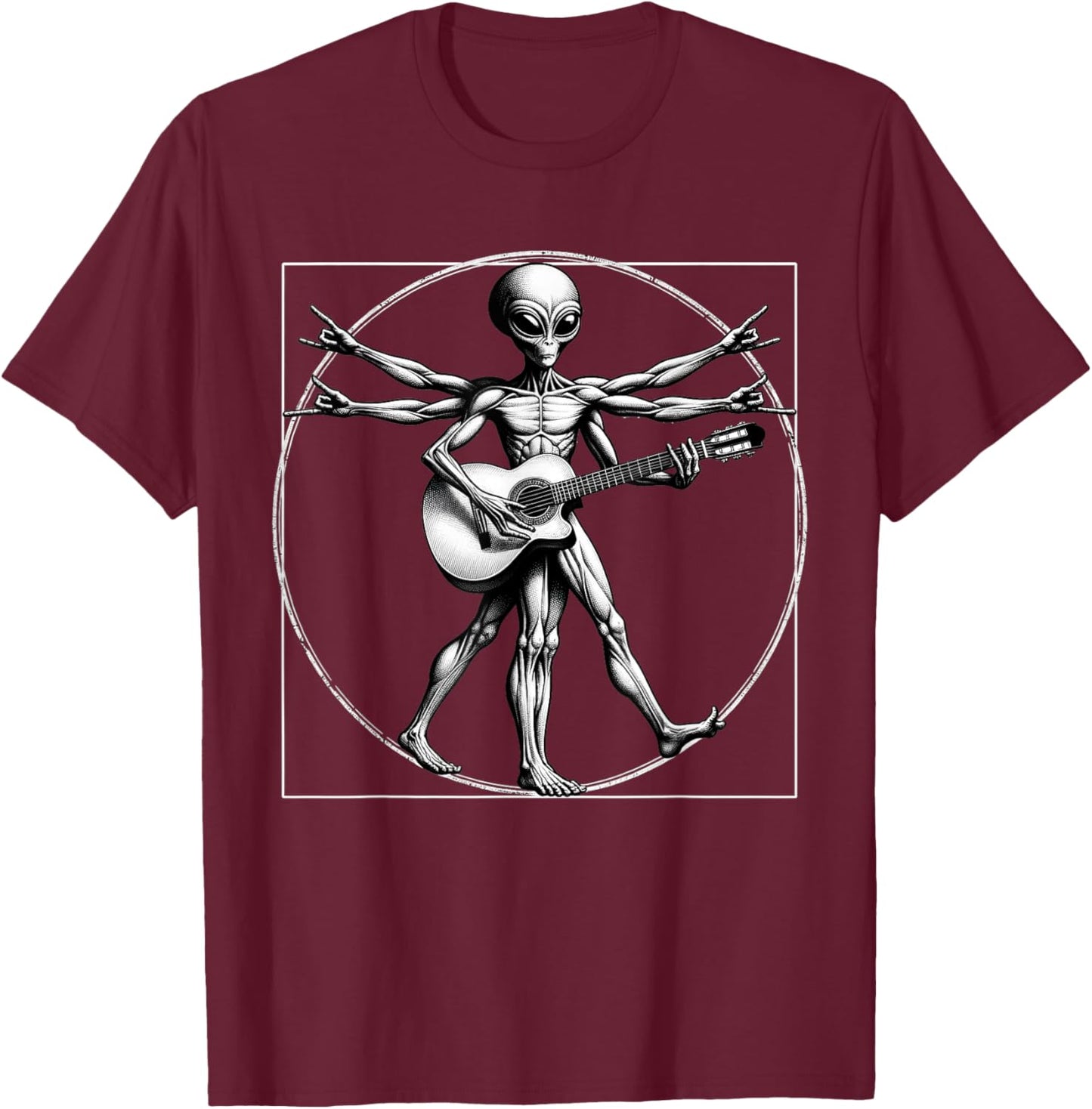 Vitruvian Man Alien Guitarist Funny Music Festival Rock On A T-Shirt - T-Shirt | Maroon