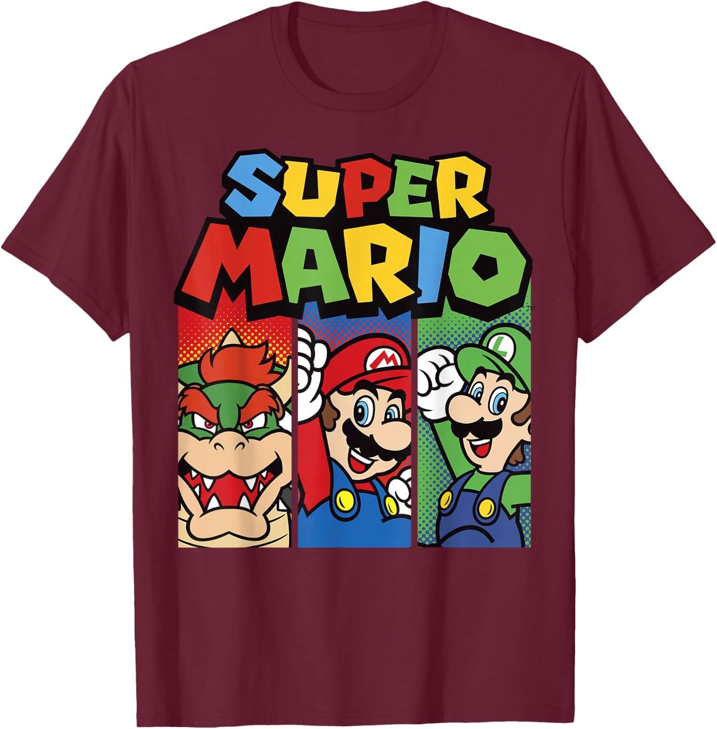 Super Mario Bros Vintage Old School Nintendo Hero Panels T-Shirt - T-Shirt | Maroon