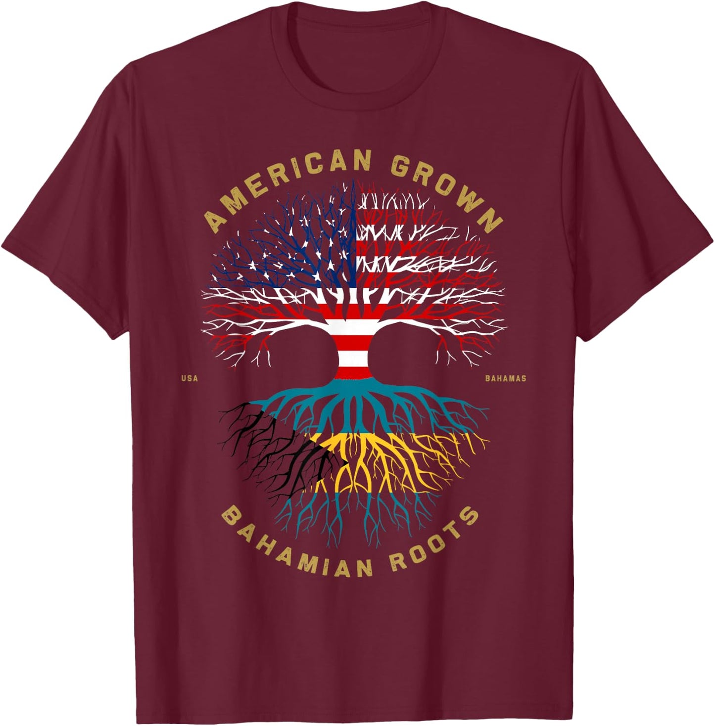 American Grown With Bahamian Roots Tree USA Flag Gifts T-Shirt - T-Shirt | Maroon