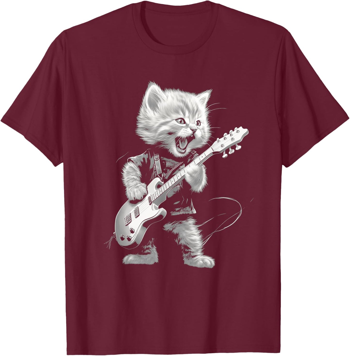 Rock Cat Playing Guitar Funny Guitar Cat Design T-Shirt - T-Shirt | Maroon