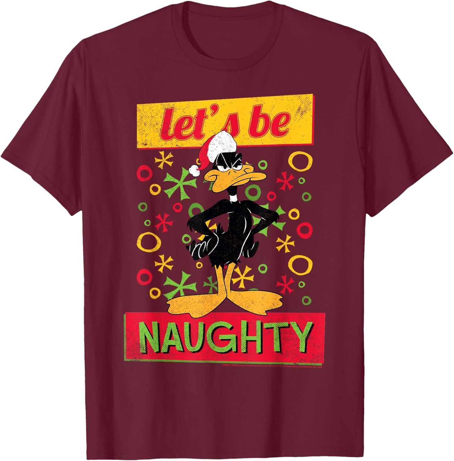 Looney Tunes Christmas Daffy Duck Let's Be Naughty Portrait T-Shirt - T-Shirt | Maroon