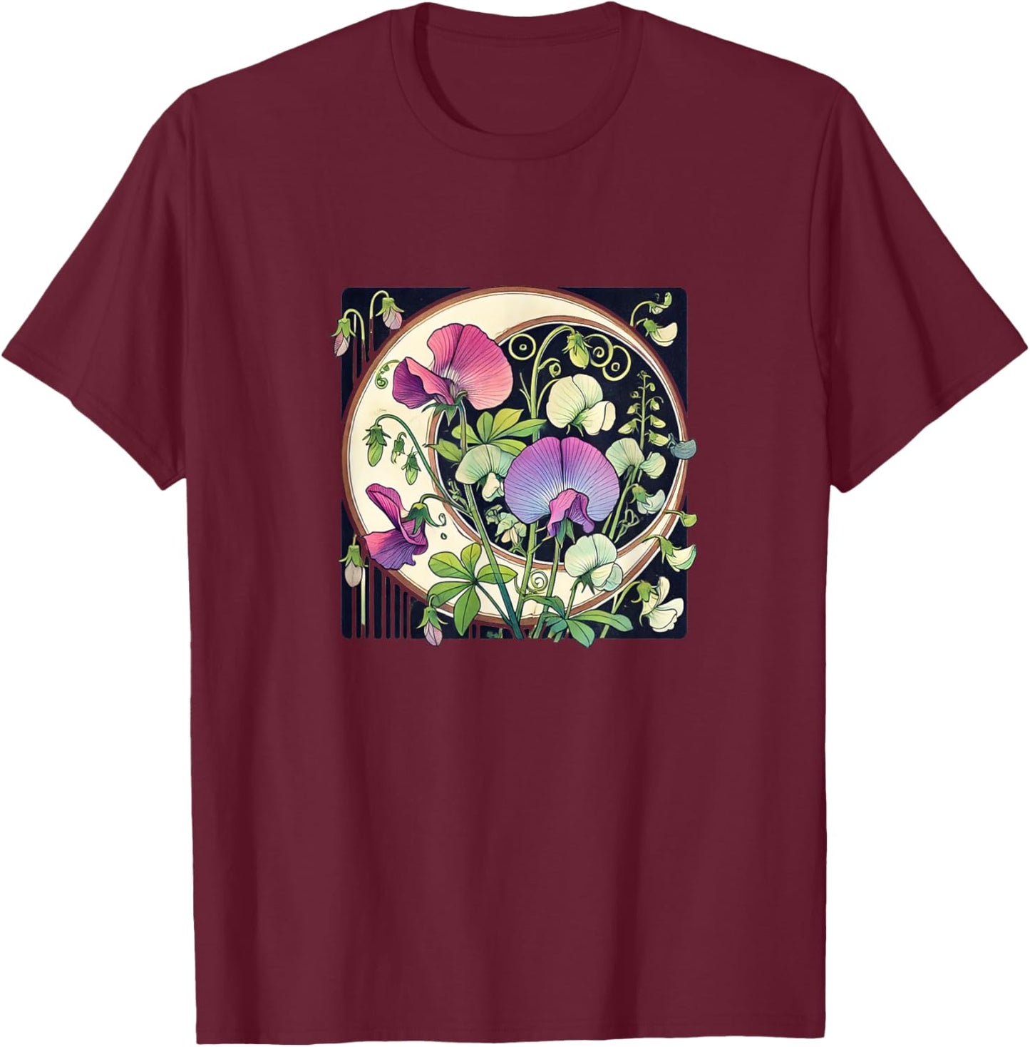 Sweet Pea Flowers illustration Sweet peas T-Shirt - T-Shirt | Maroon