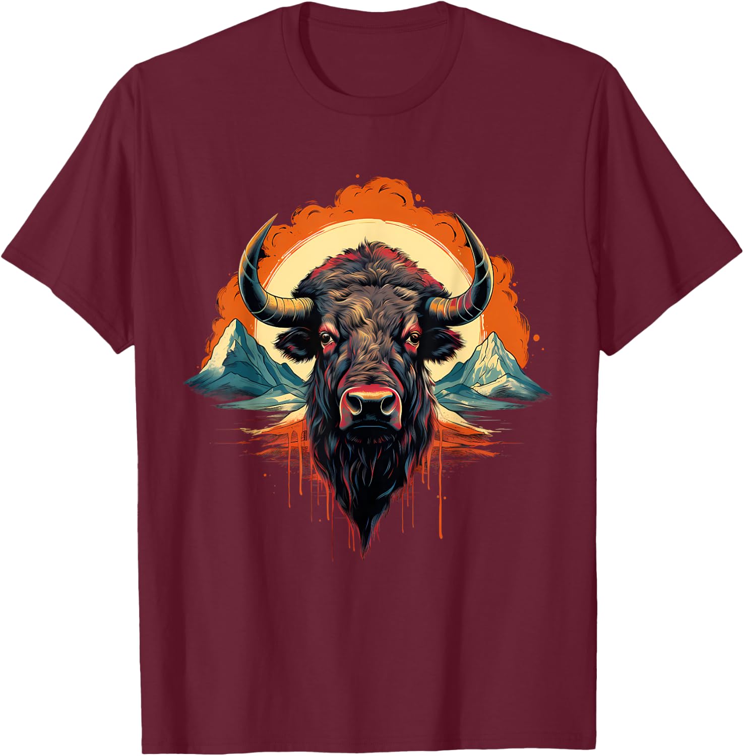 Buffalo Colorful Motif Artwork Wildlife Safari Nature Bison T-Shirt - T-Shirt | Maroon