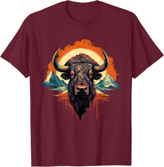 Buffalo Colorful Motif Artwork Wildlife Safari Nature Bison T-Shirt - T-Shirt | Maroon