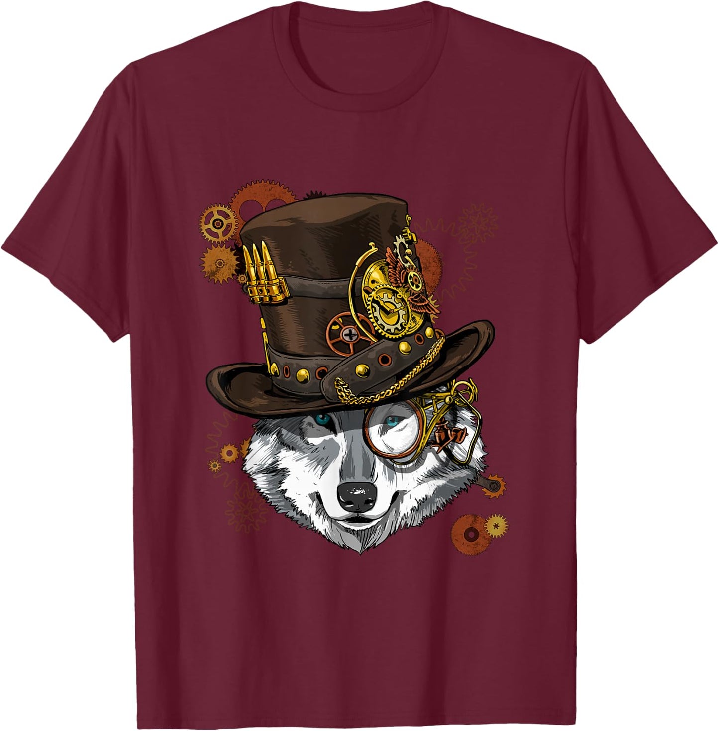 Wowsome! Steampunk Wolf Lovers - Black, -Adults, Short Sleeve, XS, US, Regular, Small T-Shirt - T-Shirt | Maroon