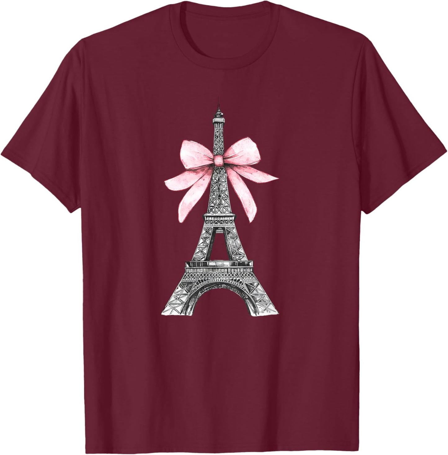 Romantic Paris Eiffel Tower with Pink Bow Vintage Art T-Shirt - T-Shirt | Maroon