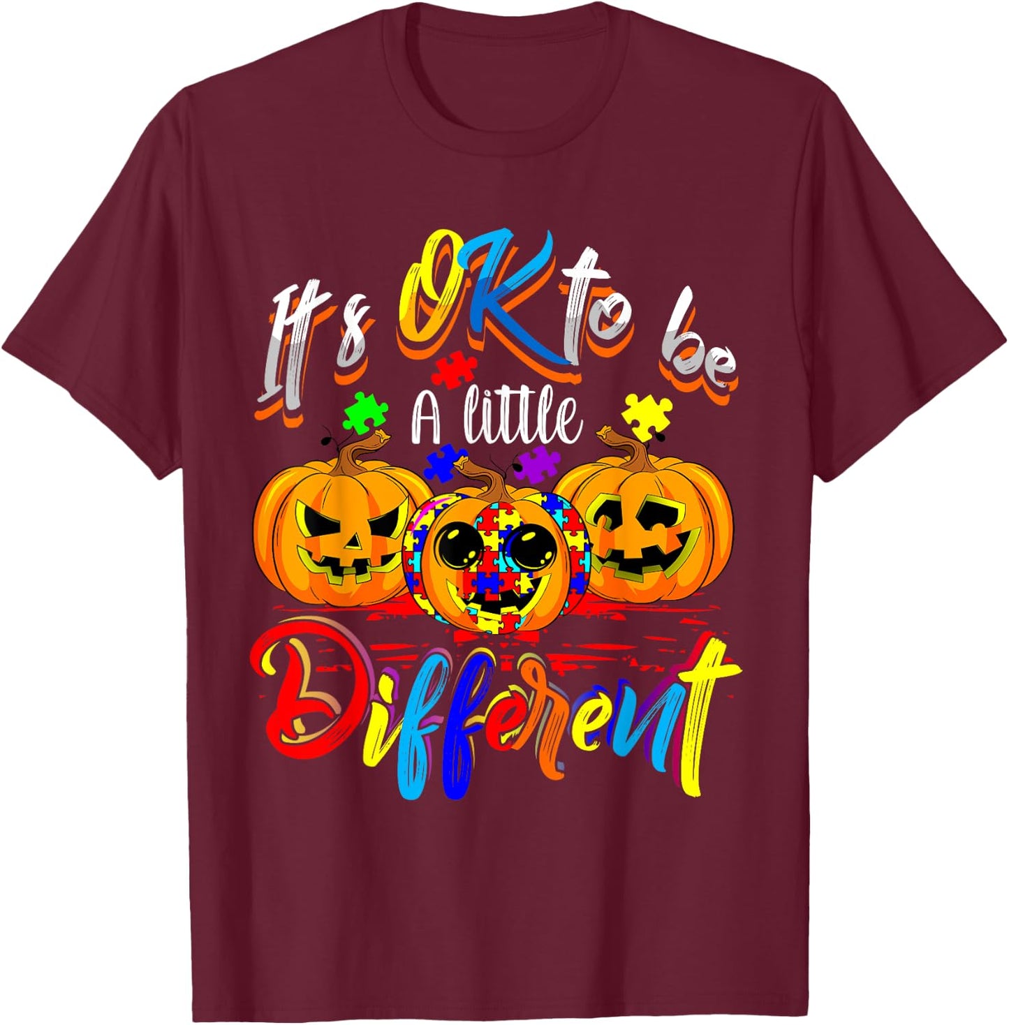Halloween Autism Pumpkin It's OK To Be a Little Different T-Shirt - T-Shirt | Maroon