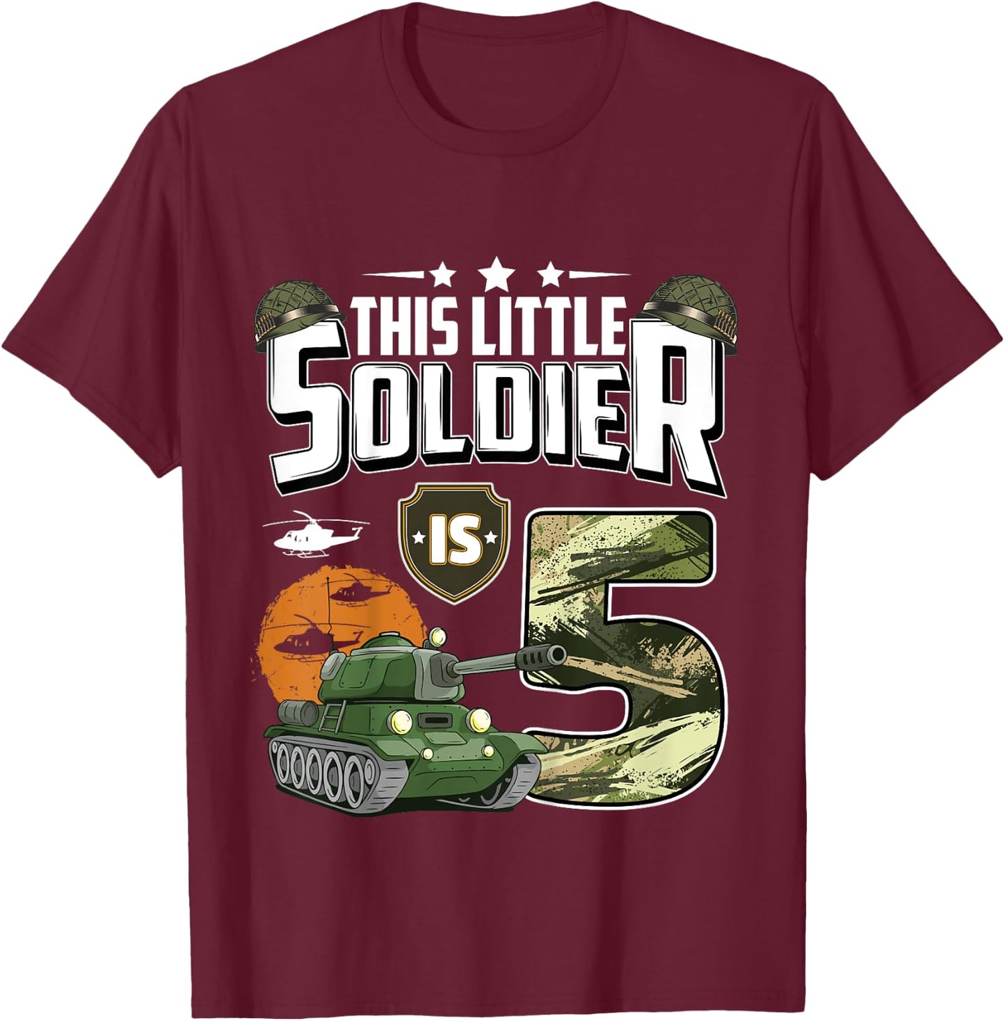 Kids 5 Year Old Soldier 5th Birthday Military Themed Camo boys T-Shirt - T-Shirt | Maroon