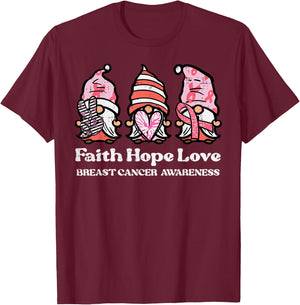 Breast Cancer Awareness Gnomes Faith Hope Love Men Women Kid T-Shirt - T-Shirt | Maroon