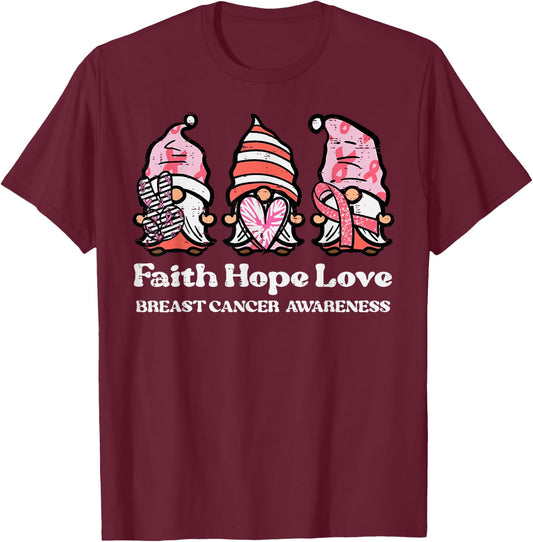 Breast Cancer Awareness Gnomes Faith Hope Love Men Women Kid T-Shirt - T-Shirt | Maroon