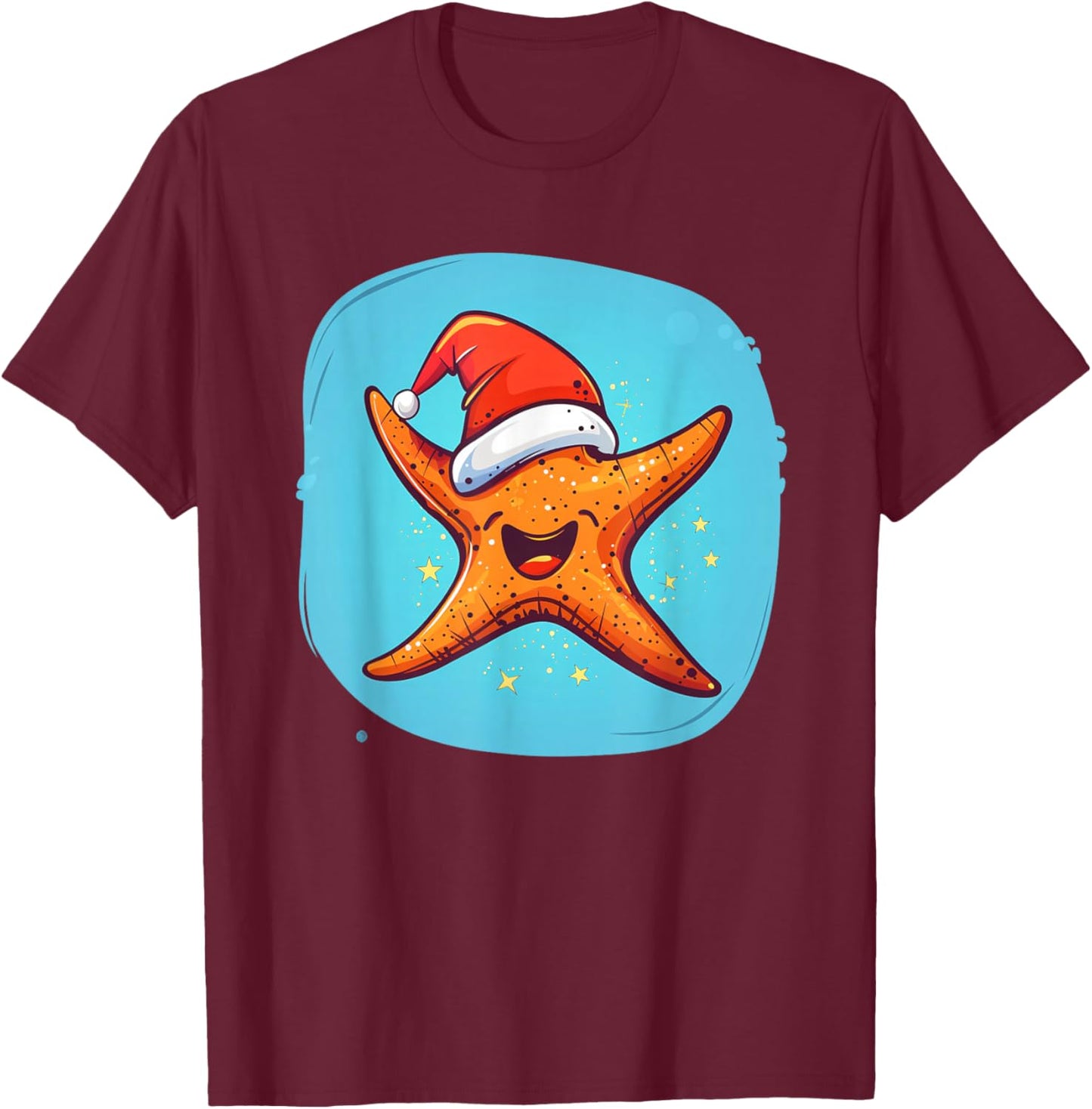Merry Christmas Starfish with Santa Claus Hat T-Shirt - T-Shirt | Maroon
