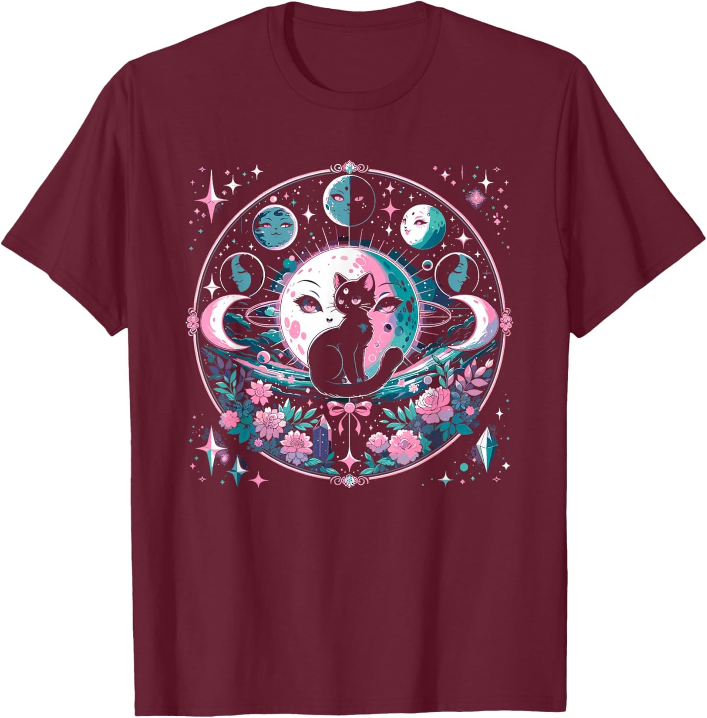 Moon Phases Crystal Witchy Cute Black Cat Kawaii Pastel Goth T-Shirt - T-Shirt | Maroon