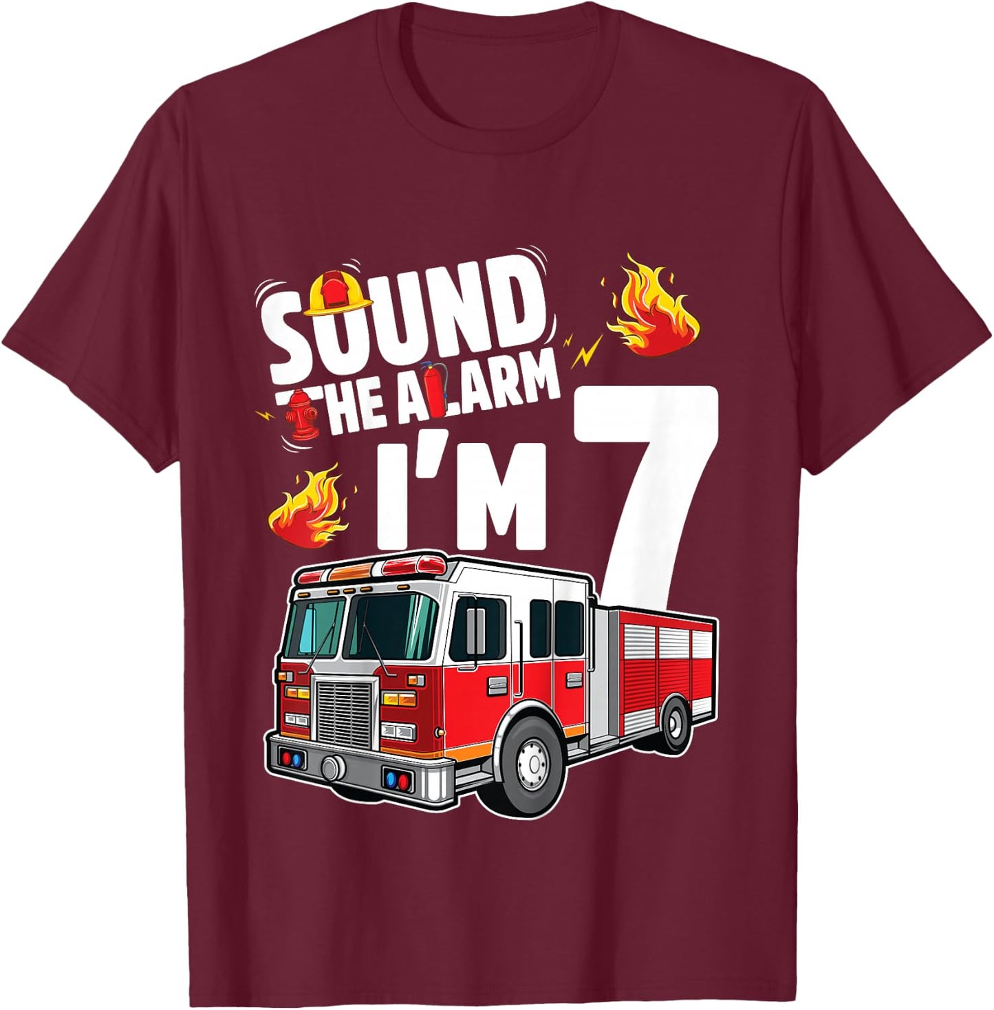 Fire Truck 7th Birthday Boy Firefighter 7 Year Old T-Shirt - T-Shirt | Maroon