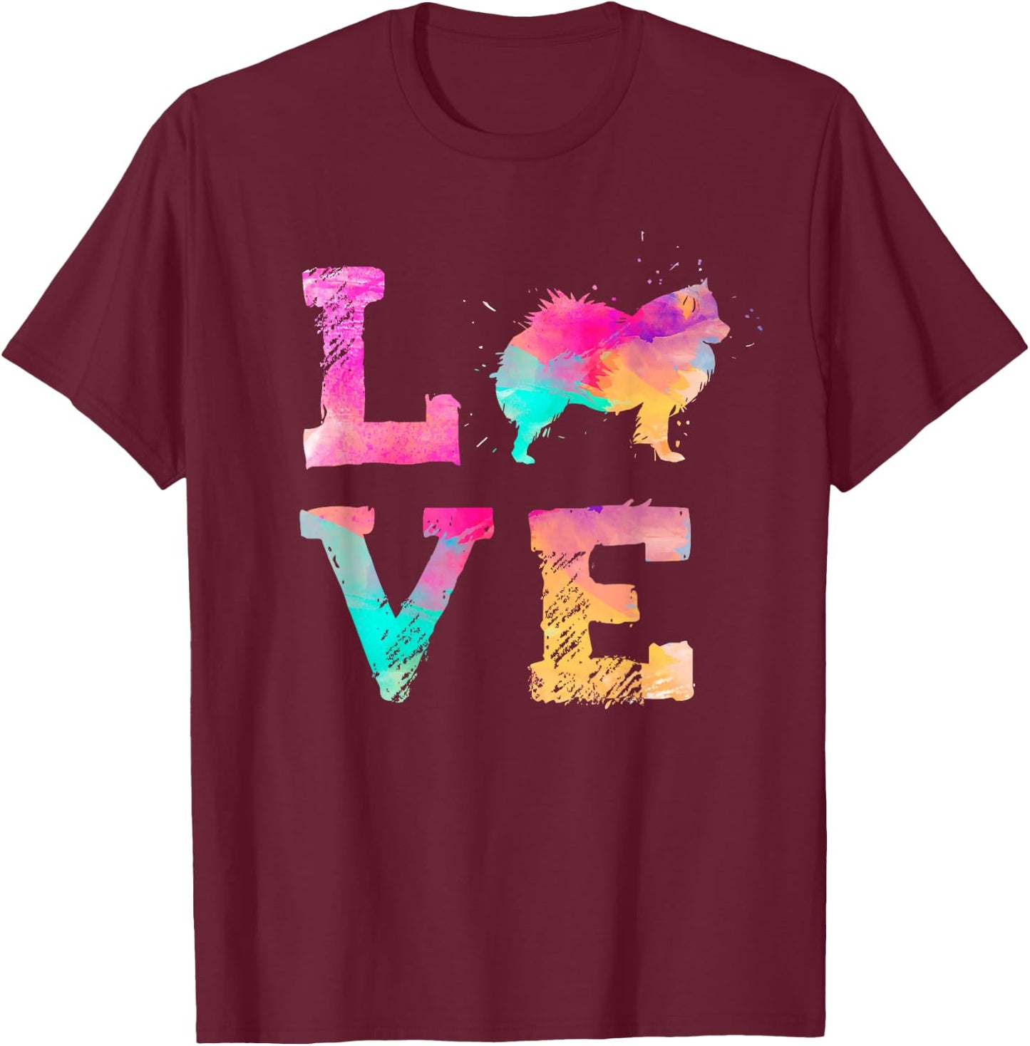 Colourful Watercolour Painting American Eskimo Dog Dog T-Shirt - T-Shirt | Maroon