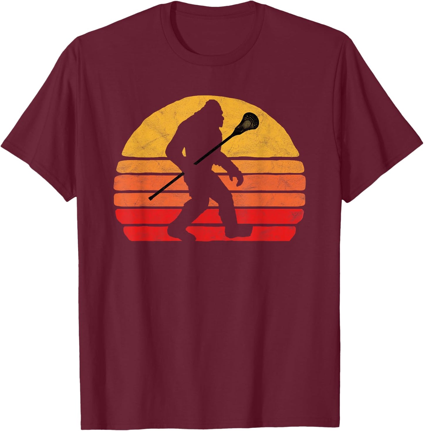 Bigfoot Lacrosse Stick Vintage Surf Sun Funny Lax T-Shirt - T-Shirt | Maroon