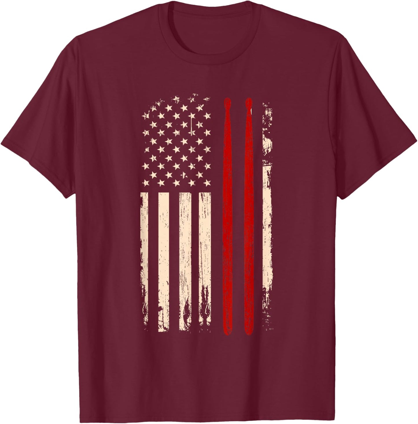 Vintage Drum Sticks American Flag Funny Drummer Gift T-Shirt - T-Shirt | Maroon