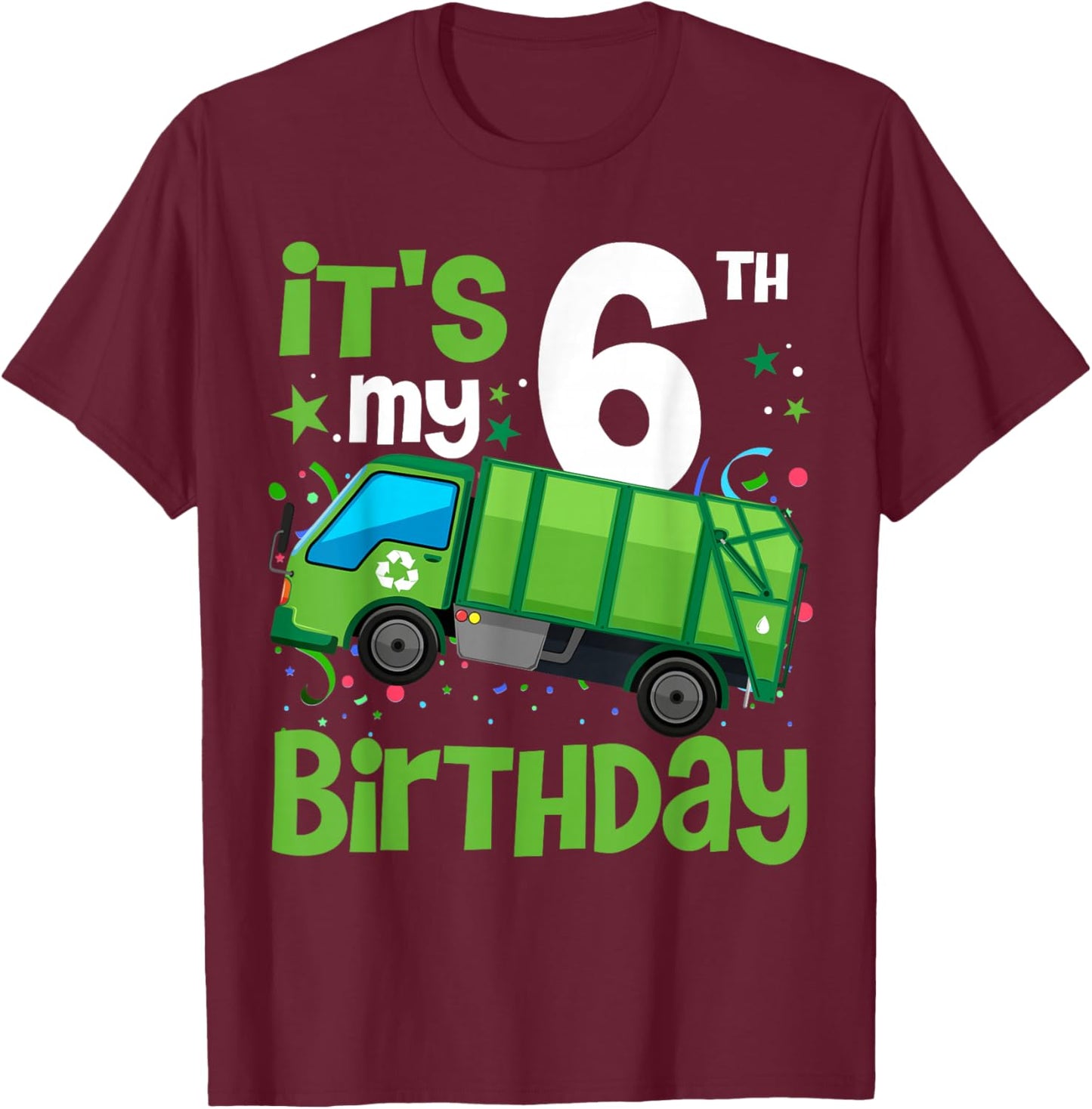 It's My 6th Birthday Garbage Truck 5 Year Old Birthday Boy T-Shirt - T-Shirt | Maroon