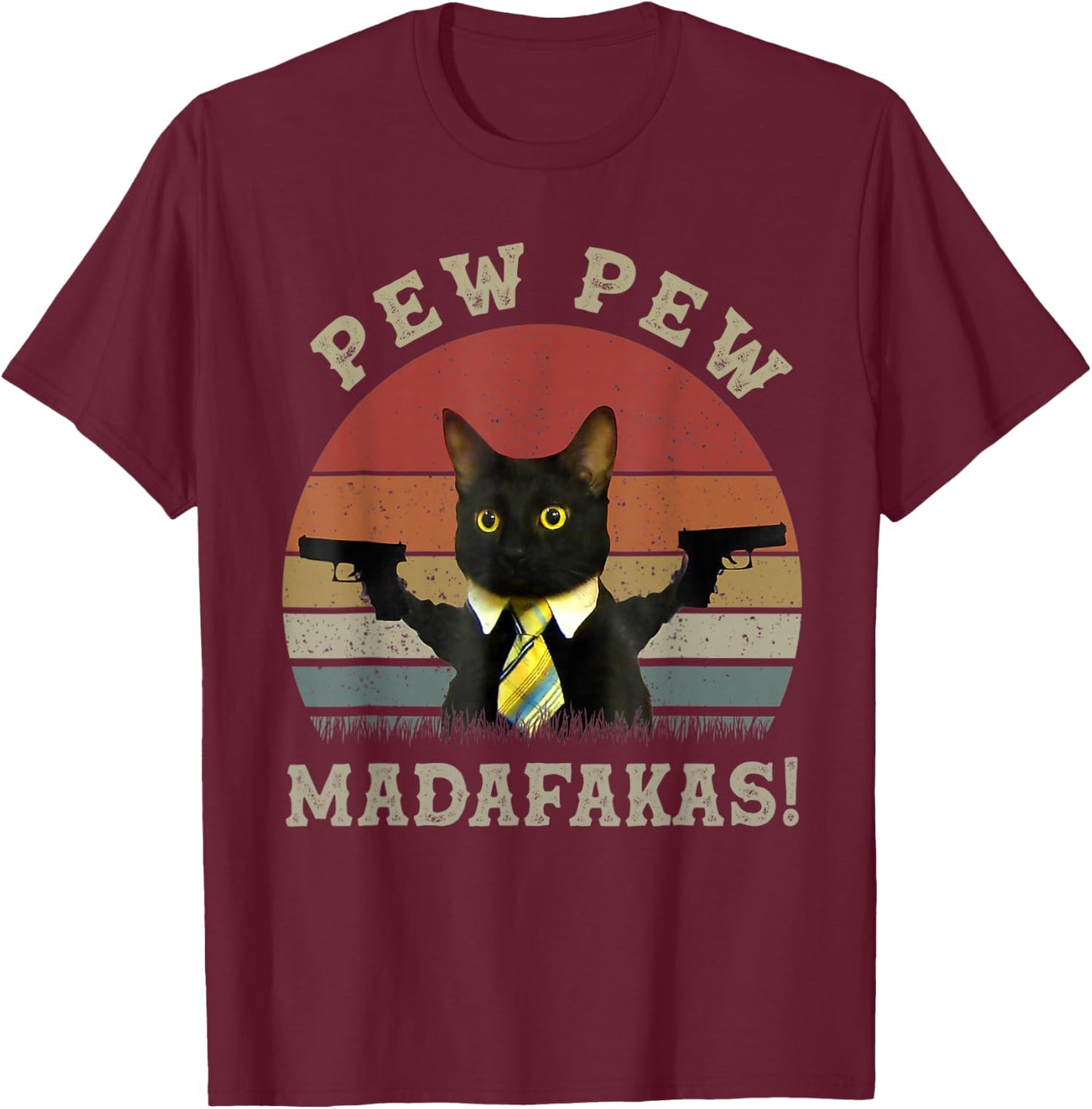 Funny Black Cat Pew Pew Madafakas T-Shirt - T-Shirt | Maroon