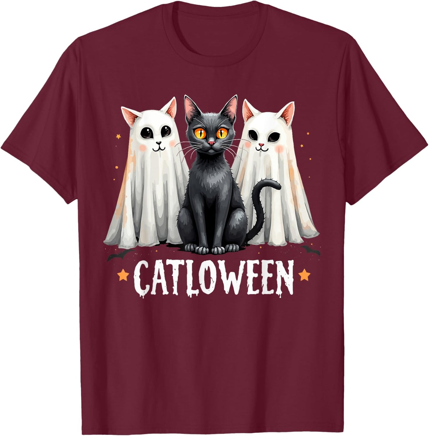 Catloween Cute Ghost Cats and Black Cat Halloween T-Shirt - T-Shirt | Maroon