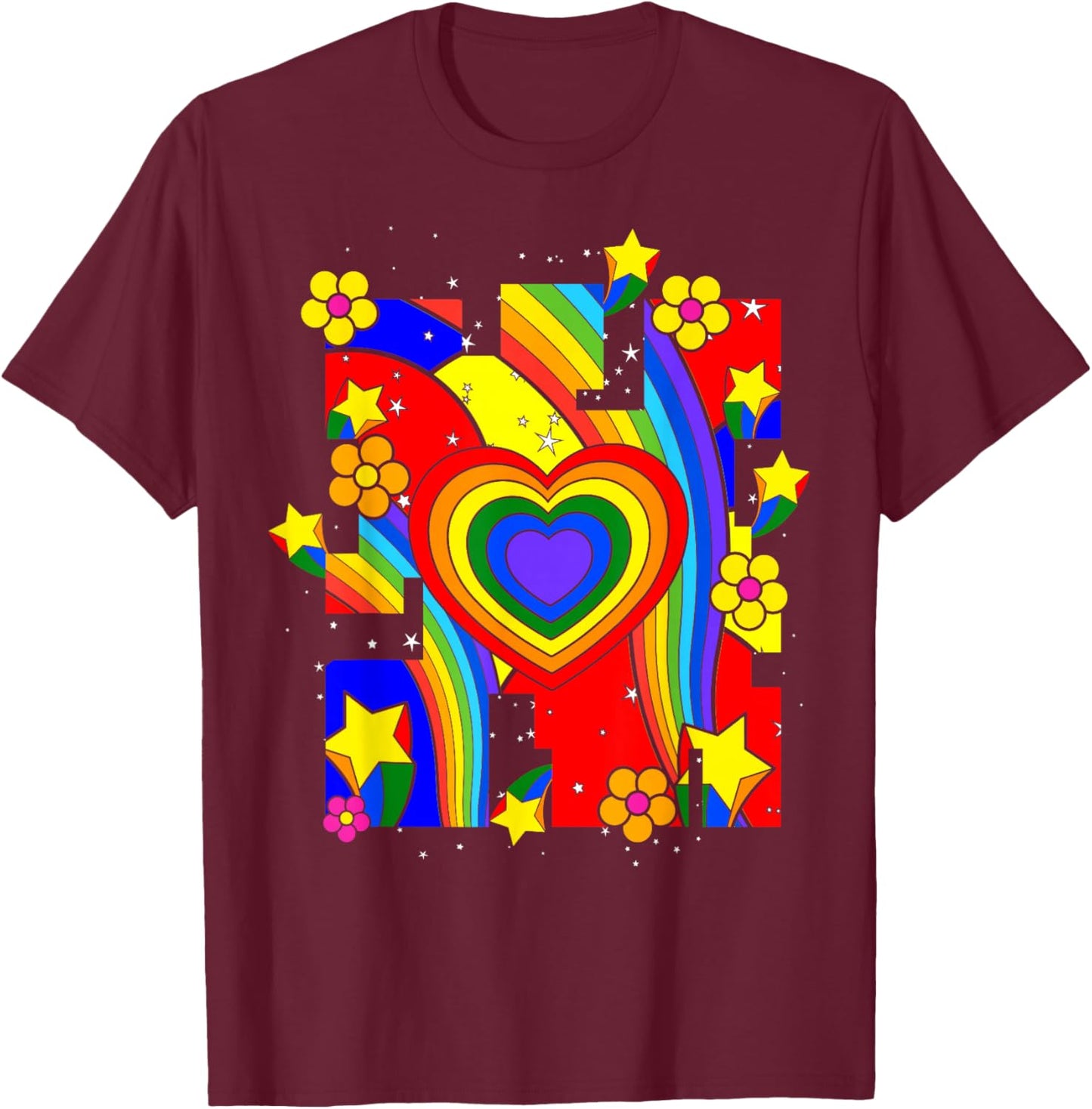 Kidcore Aesthetic Rainbow Heart Flowers Retro 80s 90s Groovy T-Shirt - T-Shirt | Maroon
