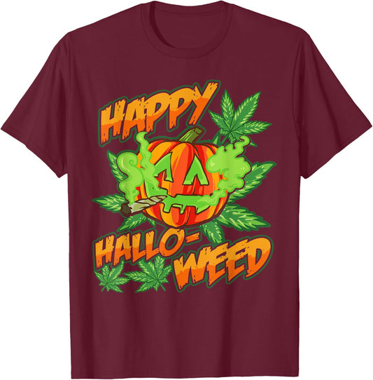 Happy Hallo-Weed Marijuana Pumpkin Smoking Joint Weed Pot T-Shirt - T-Shirt | Maroon