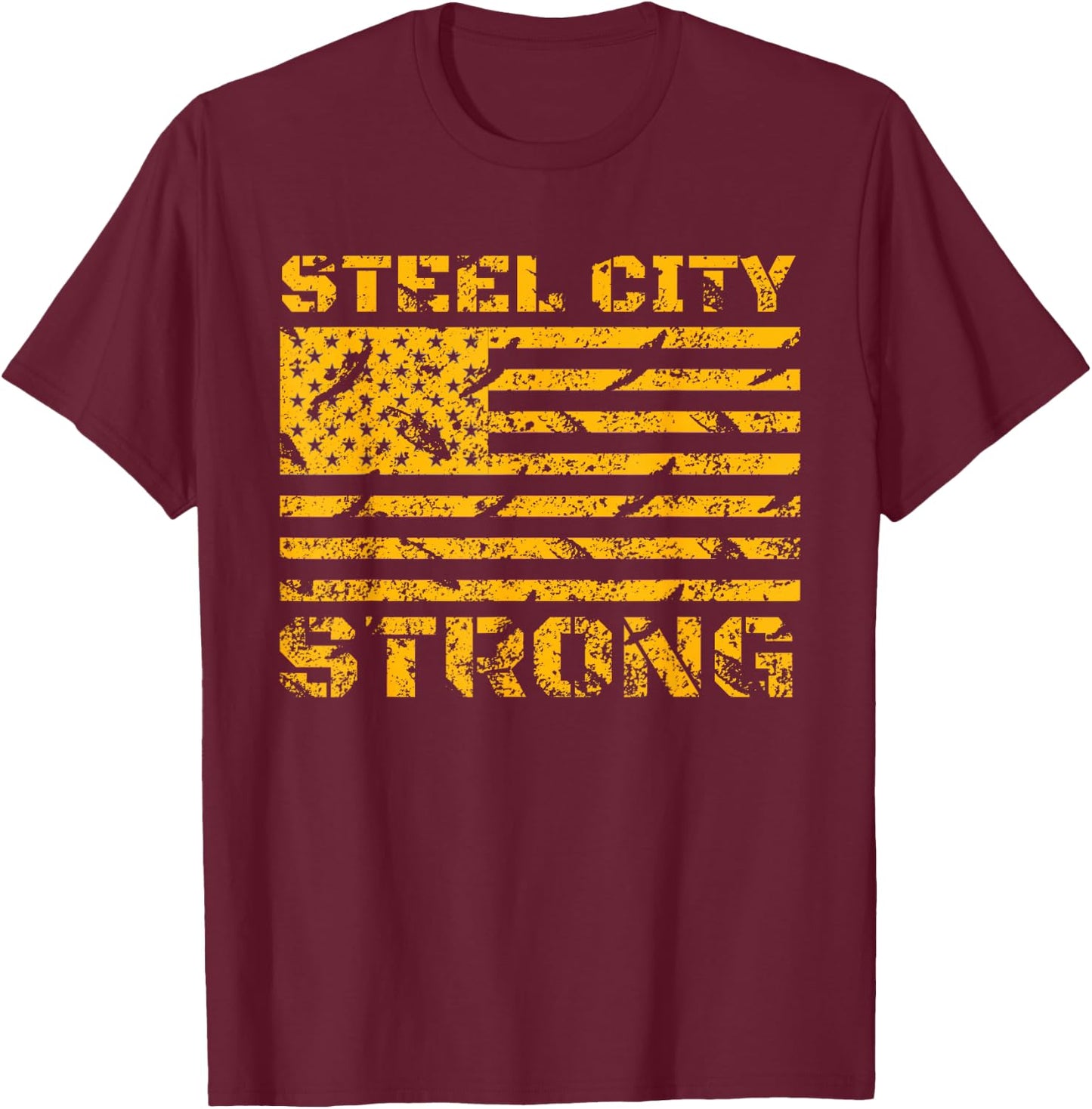Pittsburgh Steel City Strong American Flag Vintage T-Shirt - T-Shirt | Maroon