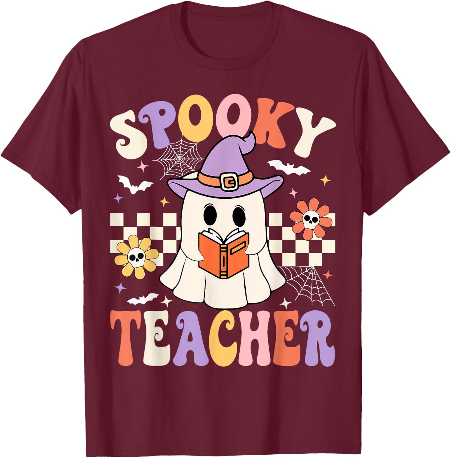 Groovy Spooky Teacher Ghost Retro Floral Teacher Halloween T-Shirt - T-Shirt | Maroon