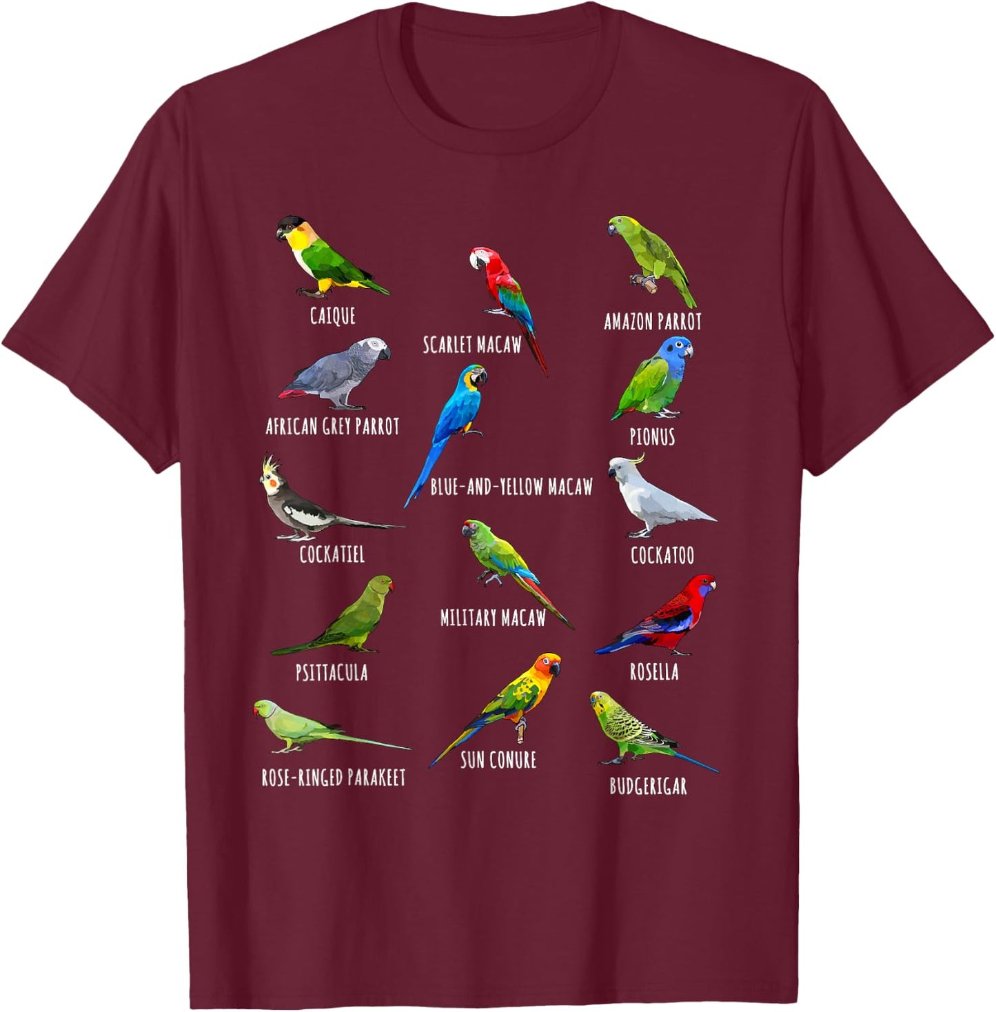 Different Parrot Species Biology Types Bird Identification T-Shirt - T-Shirt | Maroon