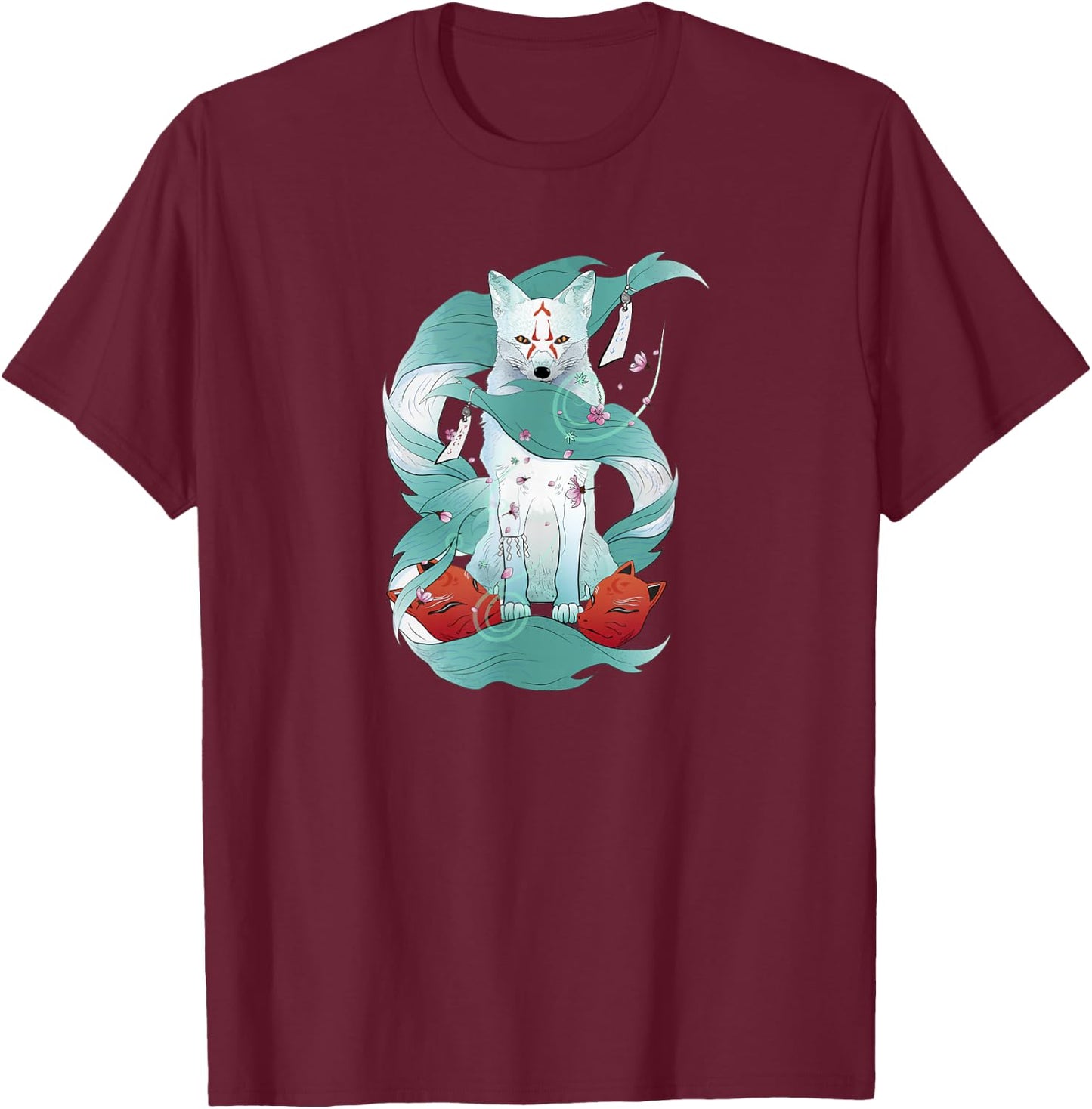 Nine-Tailed Fox Kitsune Japanese Kami Inari Fox Spirit Yokai T-Shirt - T-Shirt | Maroon