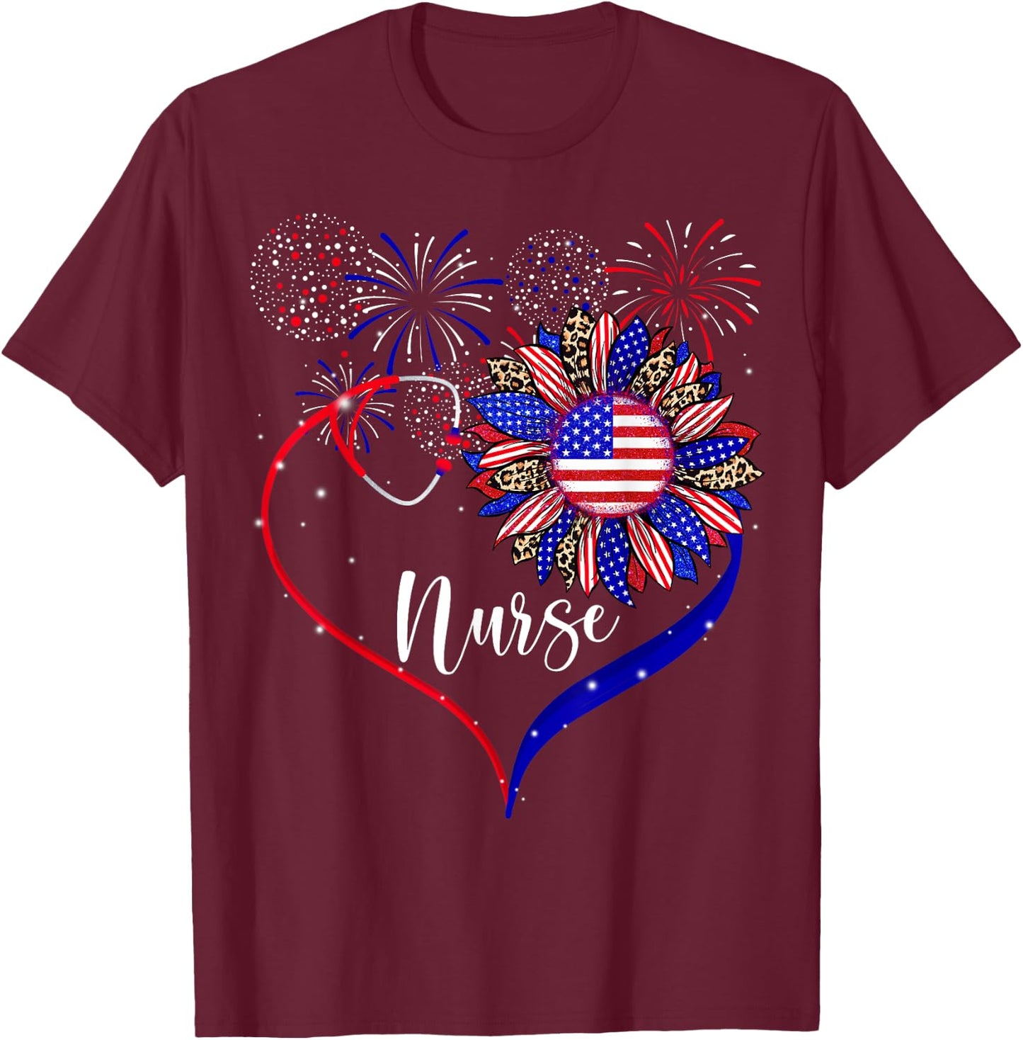 Patriotic Nurse 4th Of July American Flag Sunflower Love T-Shirt - T-Shirt | Maroon