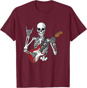 Rock On Skeleton Guitarist Funny Art Design T-Shirt - T-Shirt | Maroon