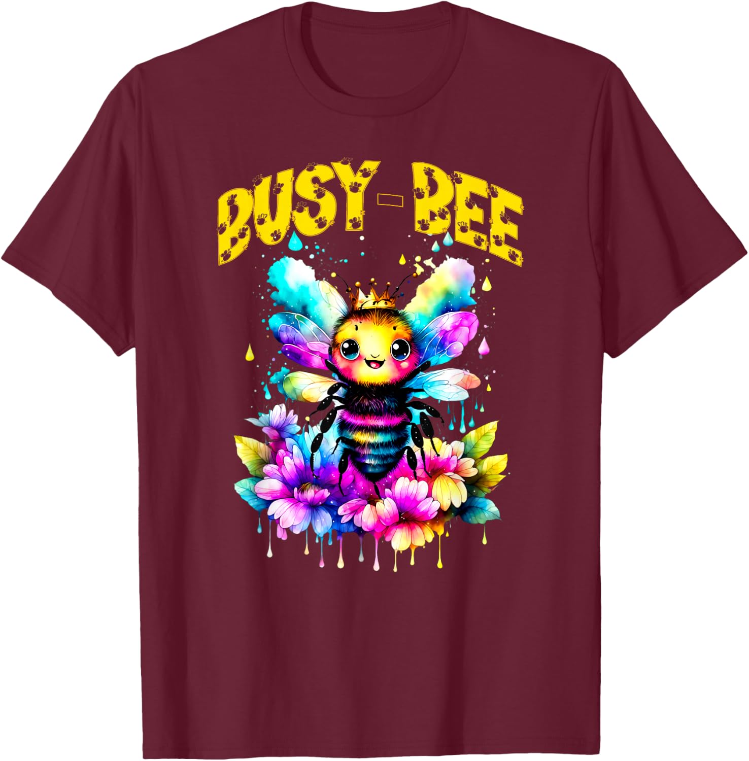 Cute Busy-Bee Cartoon Watercolor Bumble Bee T-Shirt - T-Shirt | Maroon