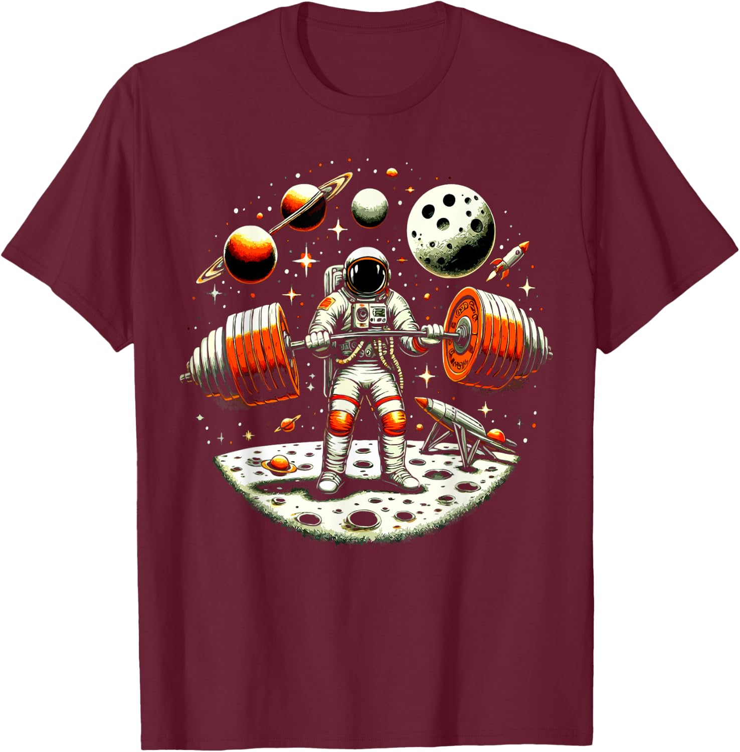Funny Astronaut Spaceman Weightlifting Fitness Gym Workout T-Shirt - T-Shirt | Maroon