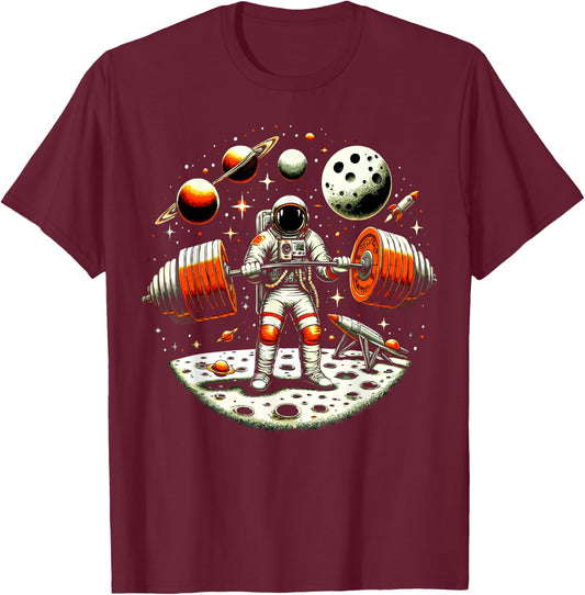 Funny Astronaut Spaceman Weightlifting Fitness Gym Workout T-Shirt - T-Shirt | Maroon