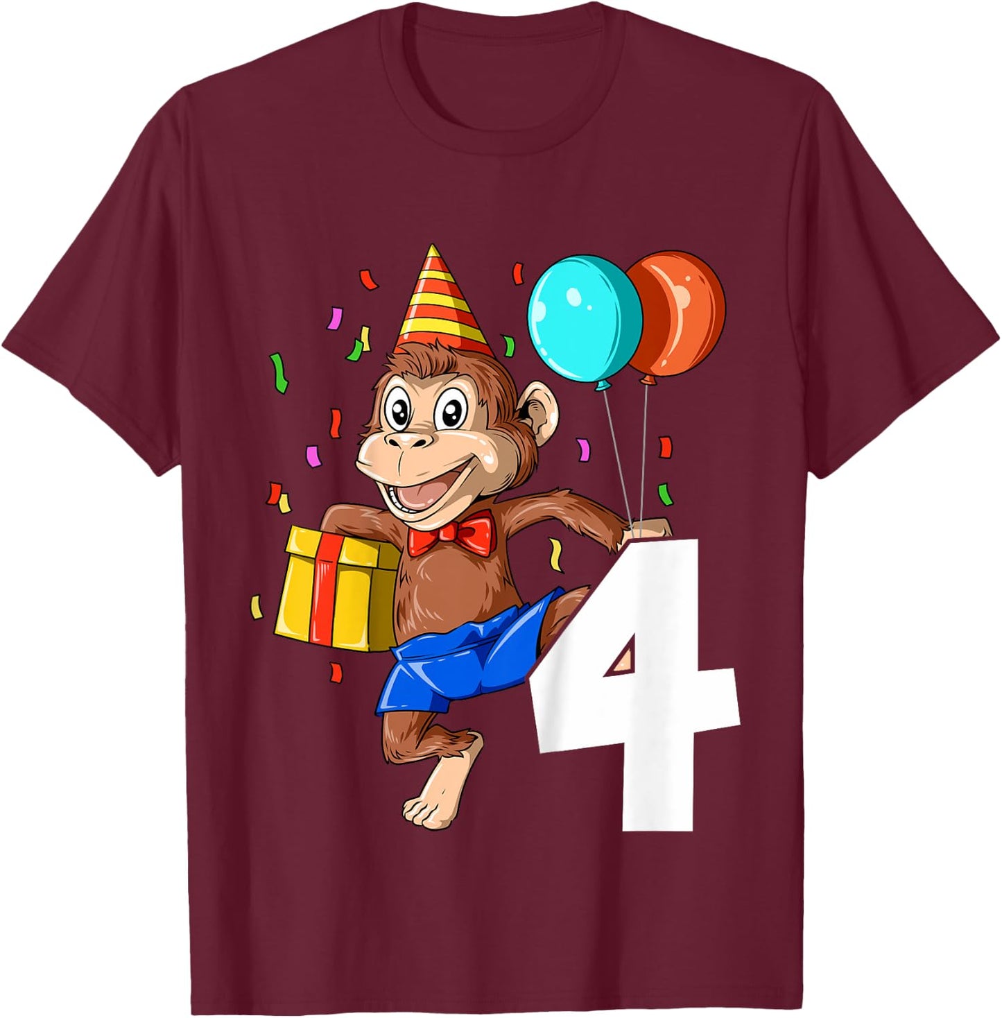 Kids Monkey Birthday 4 Monkey 4th Birthday Outfit Monkey 4 Party T-Shirt - T-Shirt | Maroon